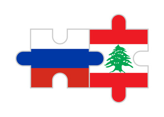 puzzle pieces of russia and lebanon flags. vector illustration isolated on white background - obrazy, fototapety, plakaty
