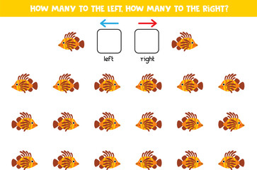 Left or right with cute cartoon lionfish. Logical worksheet for preschoolers.