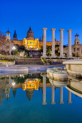 The National Palace on Montjuic mountain in Barcelona at twilight