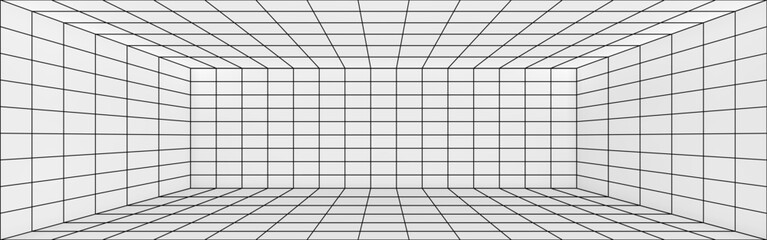 3D perspective of wireframe room background. Realistic vector illustration of rectangle line grid box interior with white walls, ceiling, floor, corners. Abstract virtual space. Cyber dimension