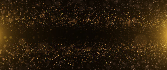 Banner gold particles abstract background with shining golden floor particle stars dust.