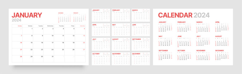 Monthly calendar template for 2024 year. Wall calendar in a minimalist style. Week Starts on Sunday. Planner for 2024 year.