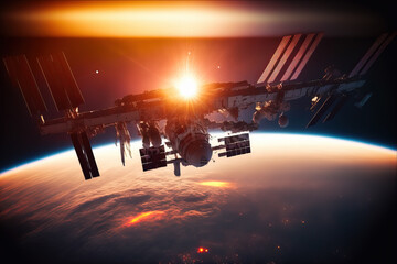 Space station silhouetted by the rising sun. Post-processed generative AI.