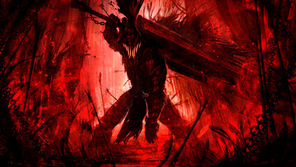 A sinister black silhouette of a creepy wounded knight with inhumanly giant sword on his shoulder, he barely stand on his feet in the middle of a mountain of corpses after a bloody mad massacre 2d art