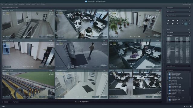 Playback CCTV cameras in office on computer screen. Surveillance interface with AI futuristic software and people recognition system. Security cameras. Concept of privacy, identification and tracking.
