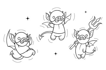 set-drawing of cute pigs are cosplaying in various conditions and styles. devil cosplay