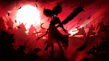 Black silhouettes with a dozen ninjas sitting in epic poses on the roof in the rays of the bloody led by their leader a girl with big tails on her head and a huge cleaver with notches. 2d anime art - 571121658