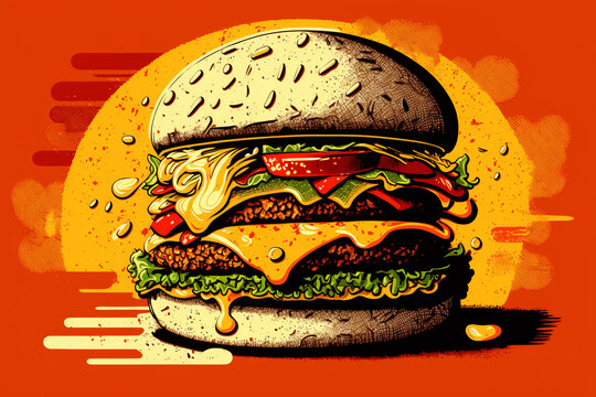 Big burger with sesame drawing. Tasty burger with meat cheese and salad. Generative AI