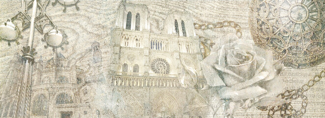 Grunge concrete wall with ornaments and prints. Digital tiles design. Paris mural © Feoktistova