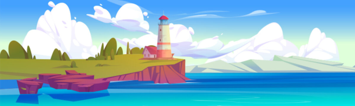 Lighthouse on sea coast. Summer landscape of ocean beach with beacon and building on cliff. Vector cartoon illustration of seascape with nautical navigation tower. Ocean shore with light house
