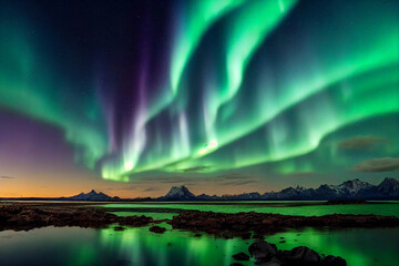 Naklejka premium Wallpaper of beautiful aurora lights landscape background. generative ai