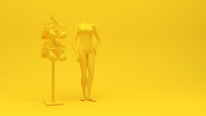 Clothing store showcase concept 3d illustration in yellow color
