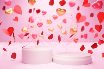 Happy Valentine's Day holiday banner Hello background with abstract 3D elements for Valentine's Day. 3D rendering of hearts, balloons and rose petals behind the podium.