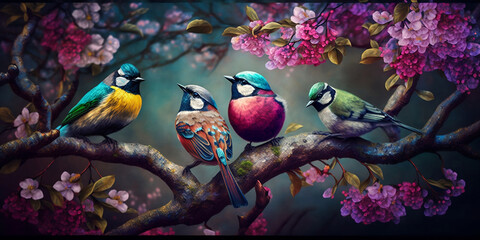 Beautiful Fantasy Colorful Vintage Little Spring Birds for Digital Print Wallpaper AI Generated