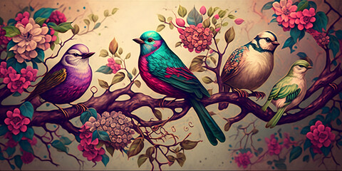 Beautiful Fantasy Colorful Vintage Little Spring Birds for Digital Print Wallpaper AI Generated