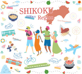日本の四国地方の夏のグルメ観光を楽しむ観光客、アイコンのセット（フラット）