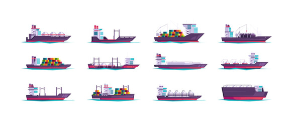Freight ships collection. Cartoon cargo vessels, flat nautical shipping freighter boats carrying containers, commercial sea ocean transport. Vector isolated set. Import and export of goods © Frogella.stock