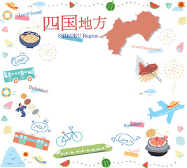 日本の四国地方の夏のグルメ観光のアイコンのセット（フラット）