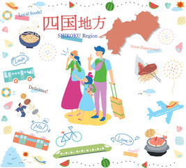 日本の四国地方の夏のグルメ観光を楽しむ三人家族、アイコンのセット（フラット）