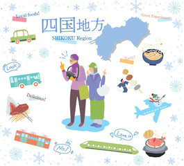 日本の四国地方の冬のグルメ観光を楽しむシニア夫婦、アイコンのセット（フラット）