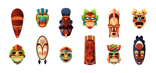 African ritual masks. Traditional ceremonial tribal human face shaped totems, indigenous folk decorative zoomorphic muzzle cartoon style. Vector flat set. Wooden tropical idols, culture