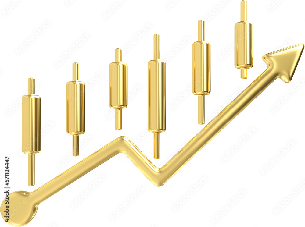 Fototapete gold metal financial chart simple icon. 3d economic graph sign with arrow up tend. stock exchange sy
