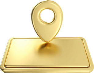 Gold metal name plate with pin icon. 3d gold direction pointer isolate on white background , gps navigation and travel location position search, 3d rendering
