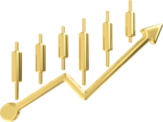 Gold metal financial chart simple icon. 3d economic graph sign with arrow up tend. Stock exchange symbol. Business investment. Quality design elements, 3d rendering