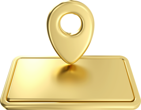 Gold metal name plate with pin icon. 3d gold direction pointer isolate on white background , gps navigation and travel location position search, 3d rendering
