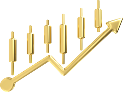 Gold metal financial chart simple icon. 3d economic graph sign with arrow up tend. Stock exchange symbol. Business investment. Quality design elements, 3d rendering