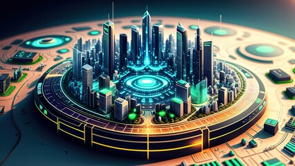 Fototapeta na wymiar Smart city on circuit board background. Futuristic cyberspace concept | generative AI