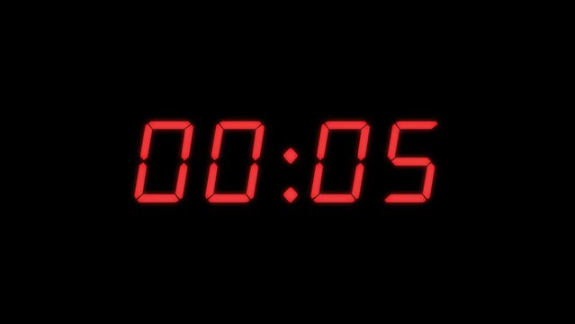 Simple Red and Black 10 seconds digital alarm clock countdown timer. Red color digits on black colour display with no milliseconds.