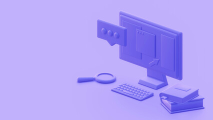 3d render of computer and keyboard in workplace. Isometric LCD monitor with open pages of website in purple solid color. Monochrome illustration for digital design, landing page template