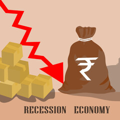 Decrease the value of Rupee, India Financial Crisis, Economic Crisis,Inflation, Fall in the value of money, Down arrow.