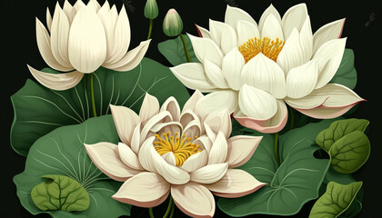 illustration of a blooming white Lotus flowers with green leaves background with different flowers and plants, seasonal design stock illustration, Generative AI