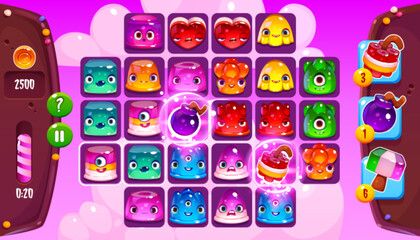 Match three game interface with icons of jelly candies. Mobile app background with cute slime characters in slots, time bar, bonus items and coins, vector cartoon illustration