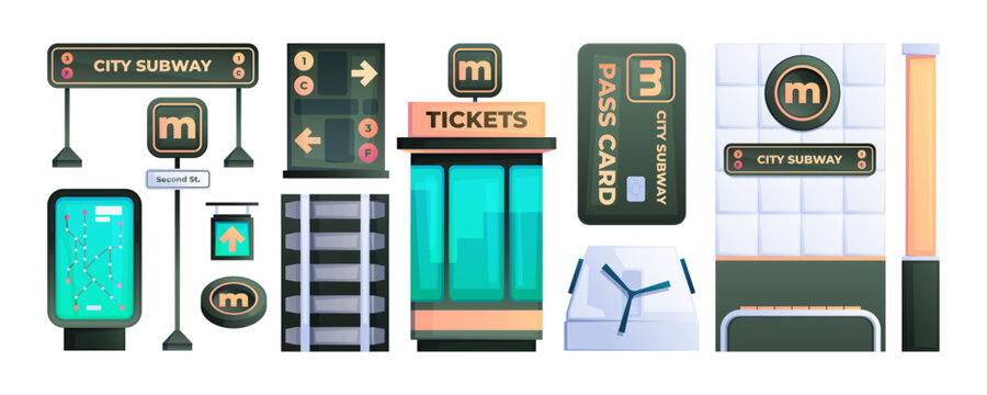 City subway collection. Modern town underground elements, cartoon railway platform escalator ticket turnstile, public passenger transport. Vector set. Map with different routes, signboards