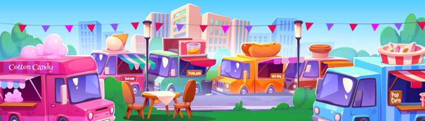 Street food market in city park with vendor trucks with ice cream, drinks, desserts and hot dogs. Summer landscape with food vans, table and chairs, vector cartoon illustration