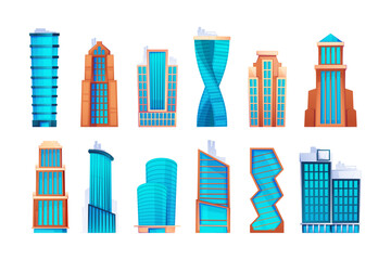 Cartoon skyscrapers. Modern city high towers with apartments and offices, urban residential block with tall architecture buildings. Vector set. Outdoor infrastructure, metropolis collection