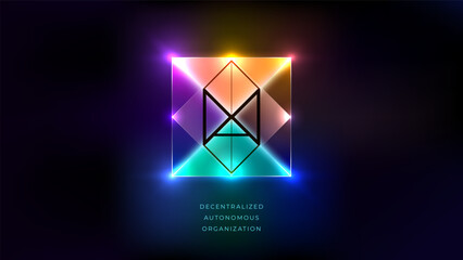 Neon glowing geometric illustration with DAO typography. Vector template for logo, icon. Decentralized Autonomous Organisation, smart contract, cryptocurrency, blockchain technology for infographics