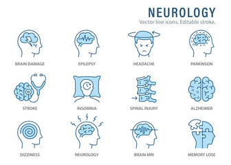 Neurology icons, such as Alzheimer's disease, spinal injury, insomnia, memory impairment and more. Editable stroke - obrazy, fototapety, plakaty