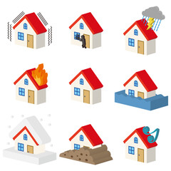 シンプルな立体感のある住宅の災害イラスト
