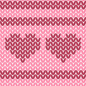 Knitted Pattern of hearts and stripes. White and red. Seamless pattern.