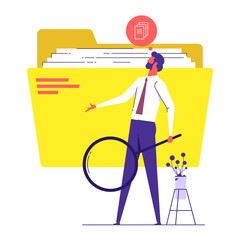 Businessman search files data with magnifying glass in folder, easy tidying up and organizing file and document in database, find errors and problems in file and paperwork