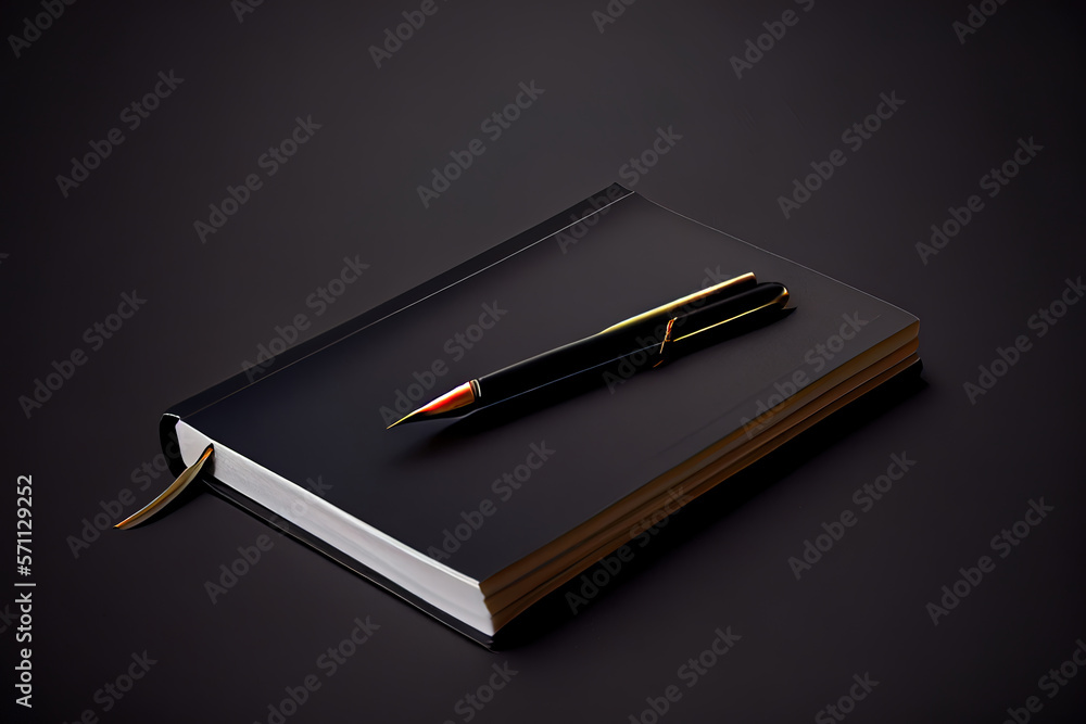Poster black notepad with pen on black table close up. generative ai