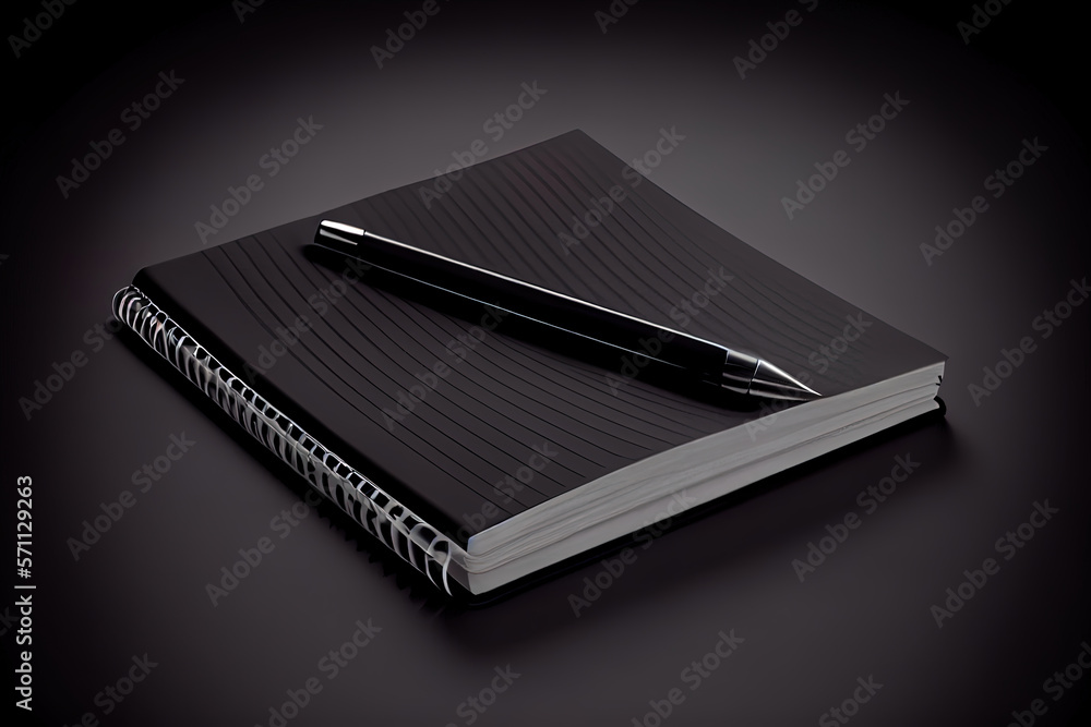 Poster black notepad with pen on black table close up. generative ai