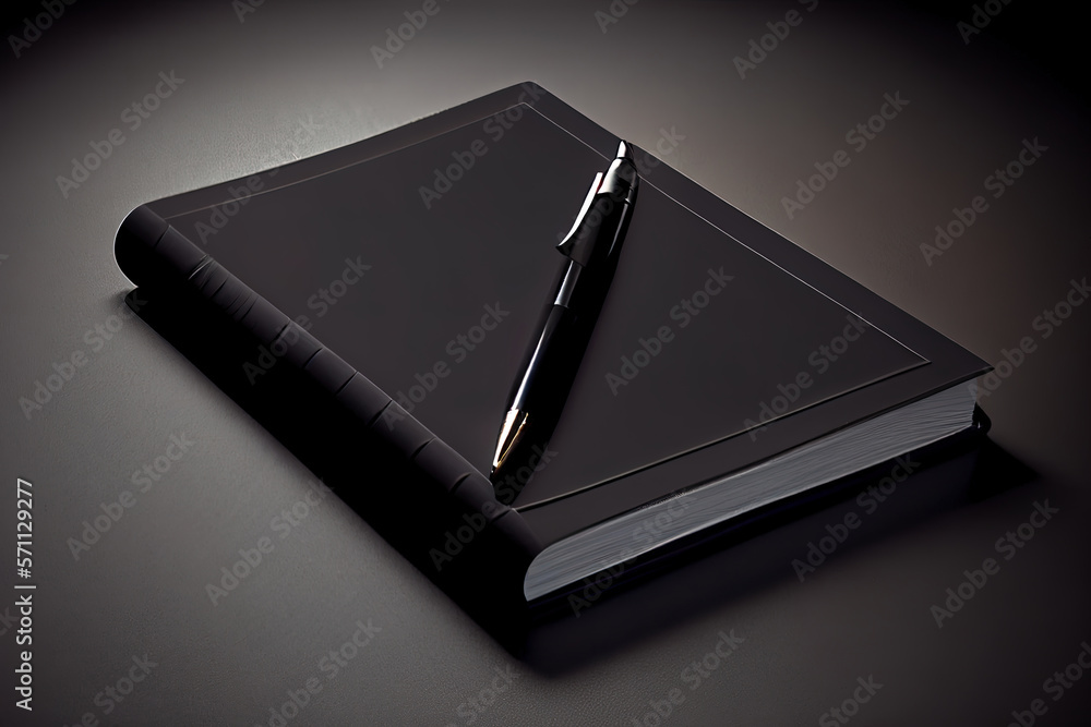 Poster black notepad with pen on black table close up. generative ai
