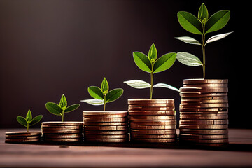 Money coin stack growing graph for saving concept. business finance and saving money investment, plant growing up on coin. Balance savings and investment - Generative AI