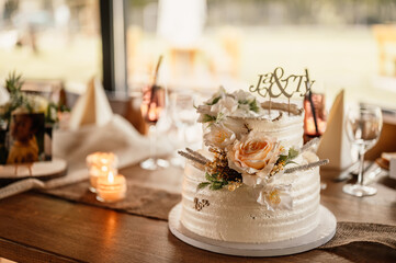 Decorated hall for wedding ceremony. Wedding. Banquet. Wedding cake, cake for a wedding
