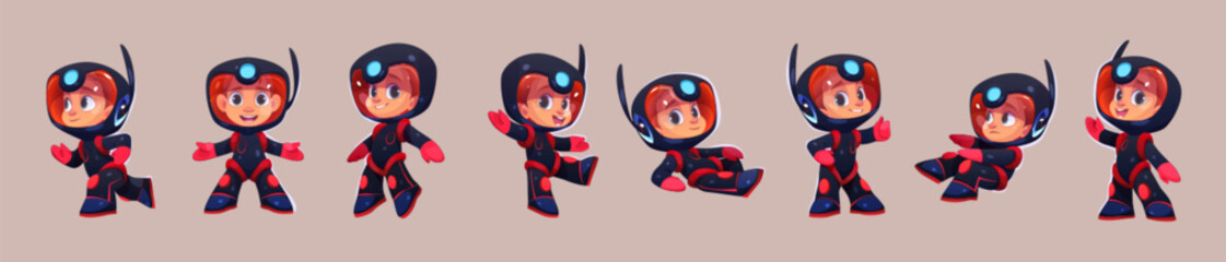 Cartoon vector illustration set of kid astronaut in space. Isolated little spaceman in black suit and helmet lie, run or go on background. Cute cosmic boy in various poses
